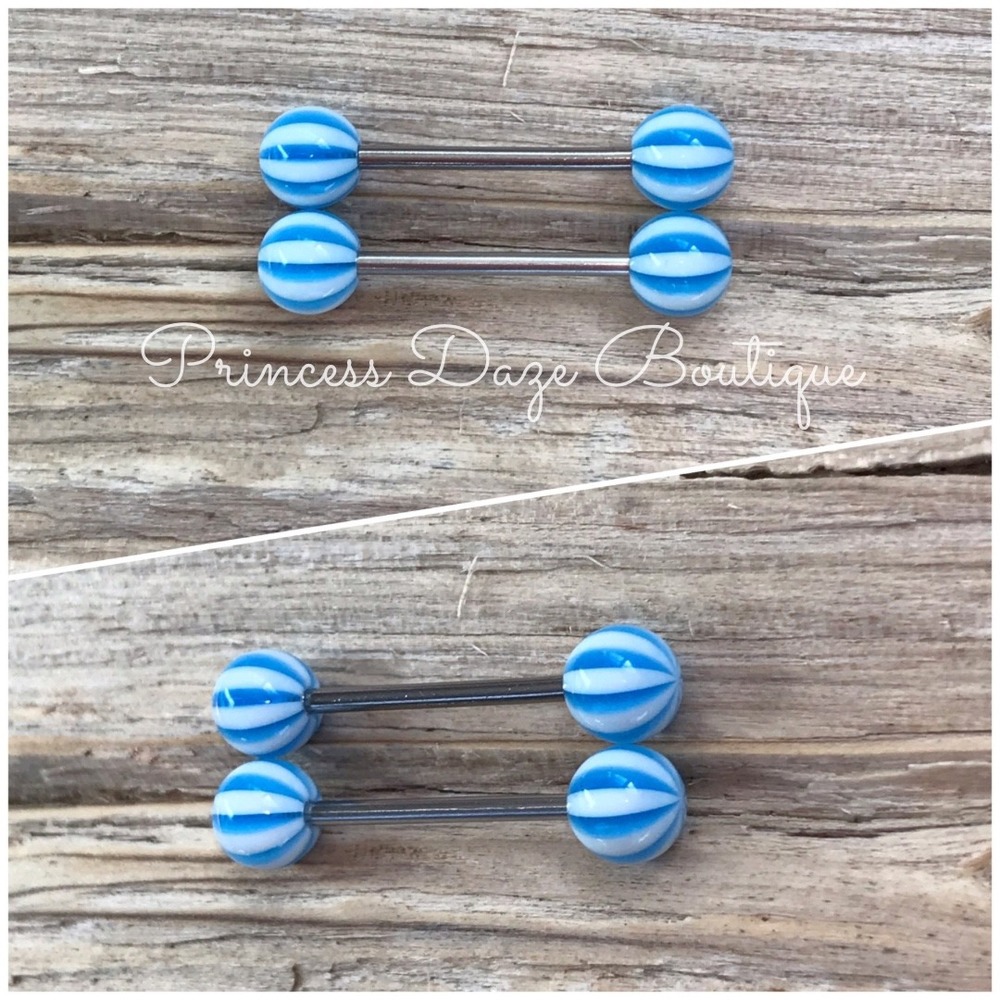 Blue‎ White Striped Nipple Ring Barbell  Set Body Jewelry